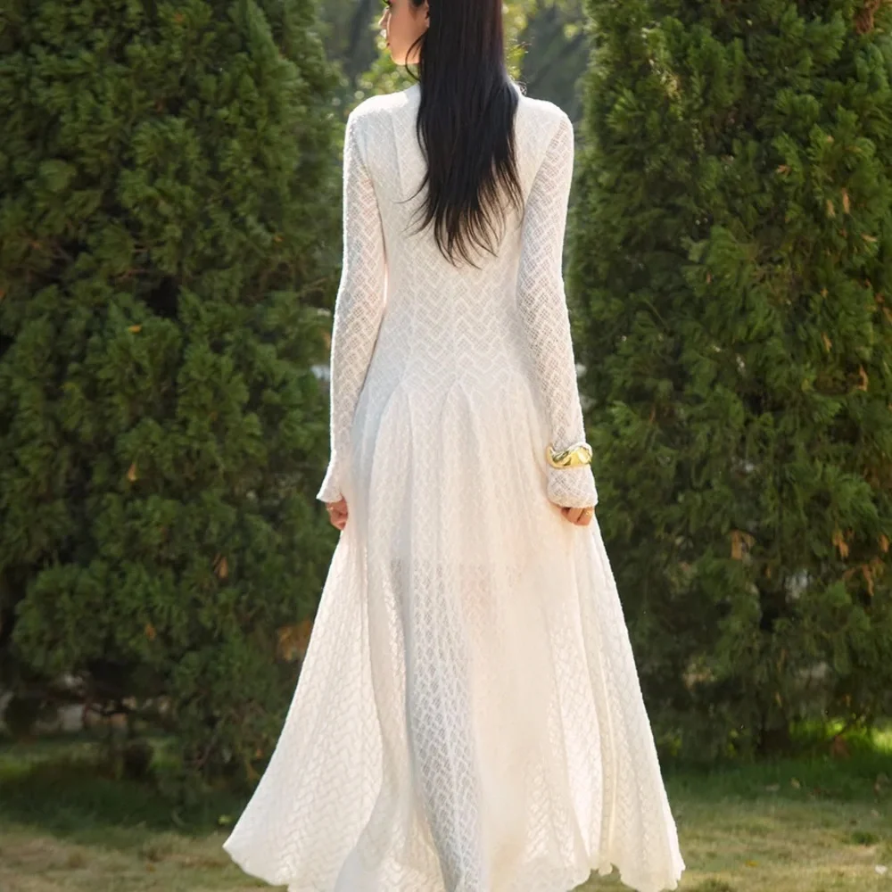 Commense Semi-Sheer Mock Neck Lace Flowy Long Dress - Picture 8 of 9